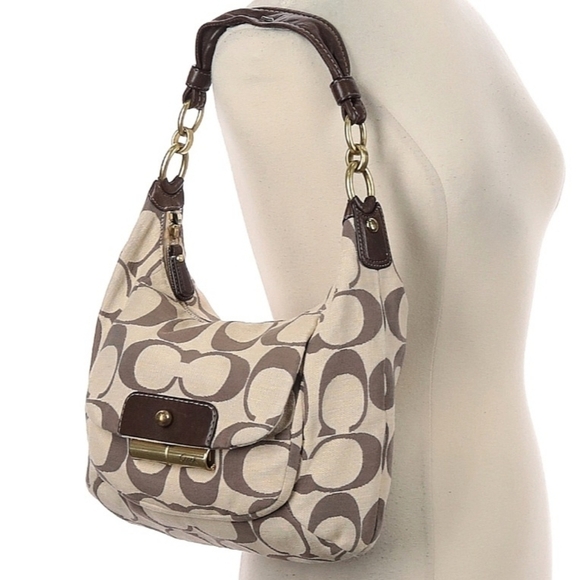 COACH Kristin Linen Hobo Shoulder Bag Purse Tan Brown Brass Hardware 13x12x3 EUC - Picture 1 of 13